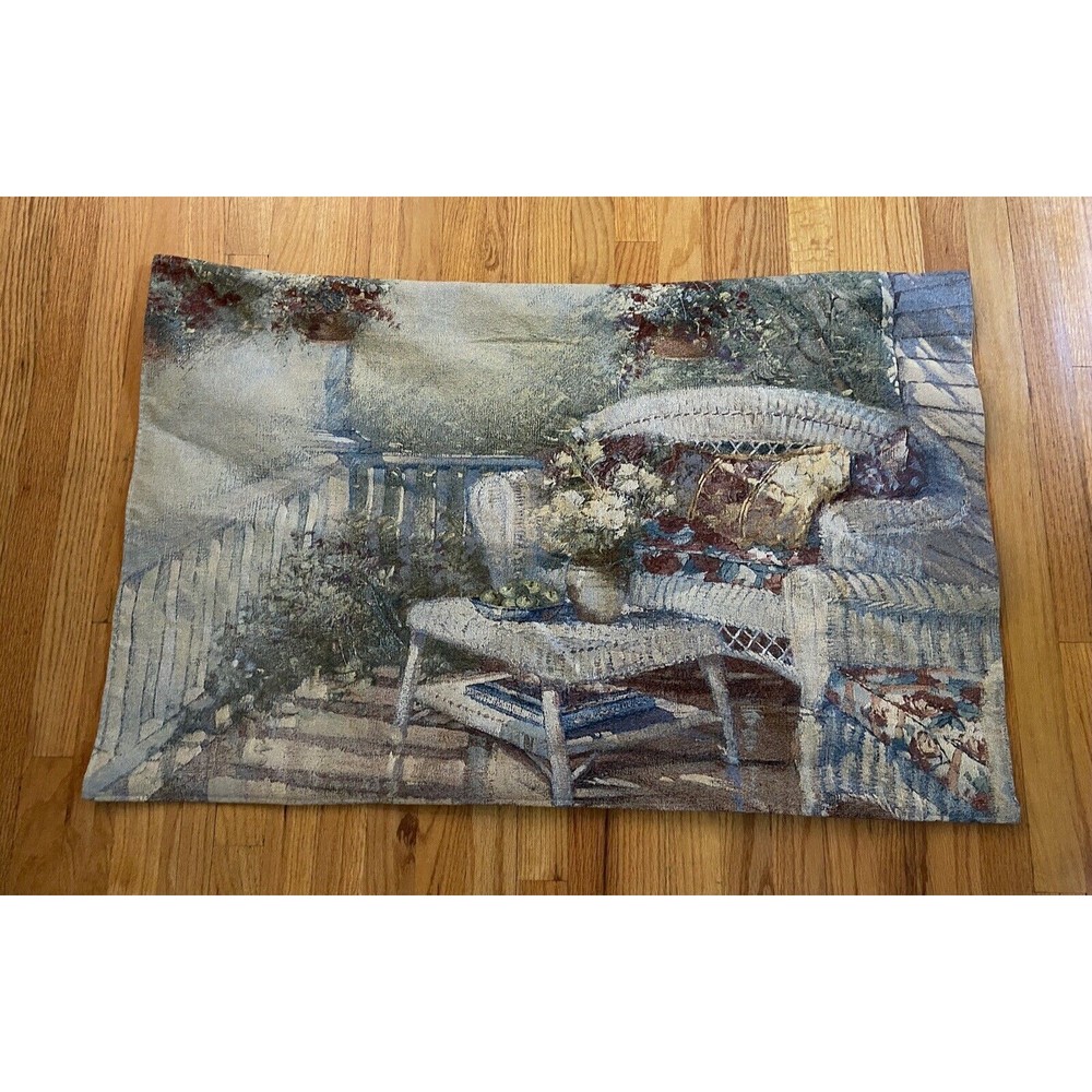 wall art tapestry‎ wicker chair floral outdoor porch scene